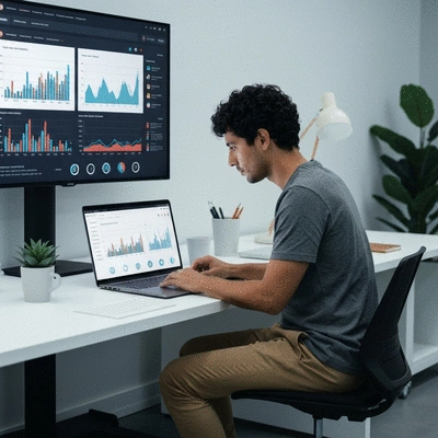Person managing online ad campaigns on a computer, showing various graphs and analytics, modern office setting, no text, no words, no typography, 8K