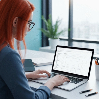 Webmaster working on a laptop with website wireframes