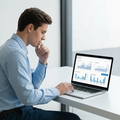 Person using a laptop with SEO analytics on screen, showing growth charts and keywords, in an office environment, no text, no words, no typography, clean image