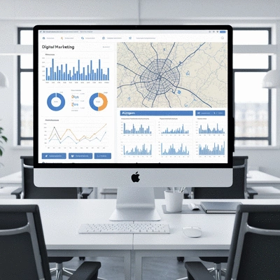 Modern office workspace with digital marketing analytics on screen, Avignon city map overlay, no text, no words, no typography, clean image