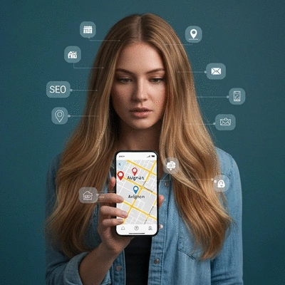 Personne utilisant un smartphone avec des icônes de localisation, symbolisant l'optimisation SEO locale