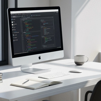 Modern office workspace with web development tools on screen