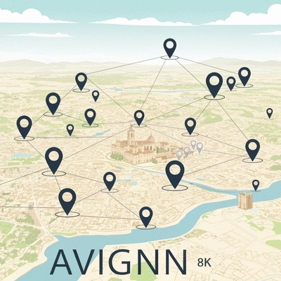 Carte stylisée d'Avignon avec des épingles de localisation et des icônes de recherche, symbolisant le référencement local, no text, no words, no typography, 8K, clean image