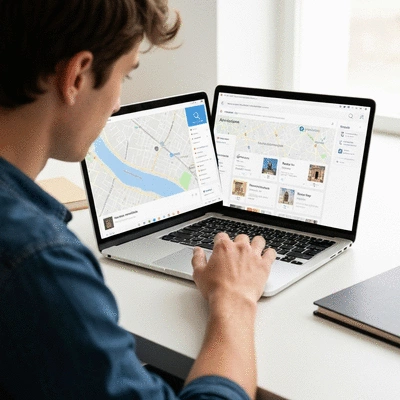 Person using a laptop with a map of Avignon on screen, showing local search results, clean image