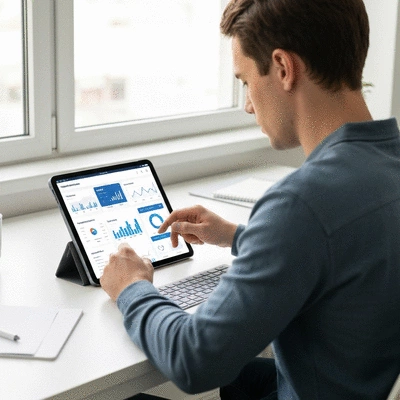 Person updating content on a tablet, with website analytics on screen