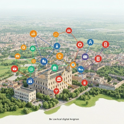 Stylized graphic showing interconnected local businesses in Avignon through digital links