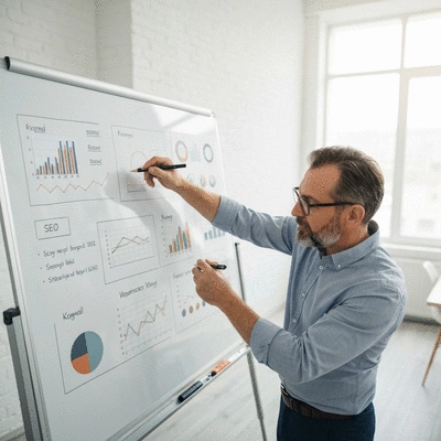 Webmaster planning digital strategy on a whiteboard with SEO keywords and website analytics, clean image