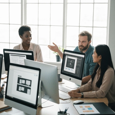 Web development team collaborating on a project in a modern office