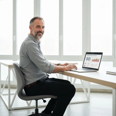 Personne travaillant sur un ordinateur portable avec des graphiques SEO affichés, symbolisant l'optimisation du référencement naturel pour les entreprises à Avignon, no text, no words, no typography, 8K