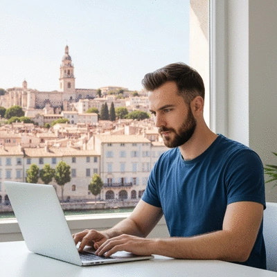 Webmaster working on a laptop with Avignon cityscape in the background