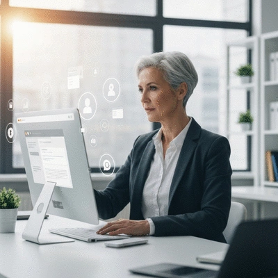 Webmaster working on laptop with social media icons floating around