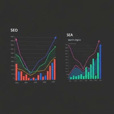 Graphiques de croissance montrant l'évolution du SEO et du SEA, avec des flèches et des courbes, sur un fond numérique minimaliste, sans texte, sans mots, sans typographie.