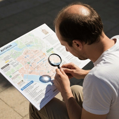 Personne utilisant une loupe sur une carte d'Avignon