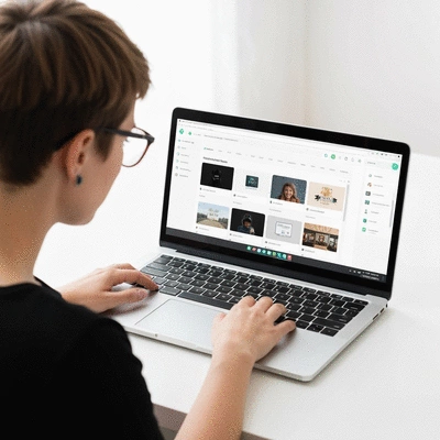 Person customizing a WordPress website with themes and plugins on a laptop, clean image