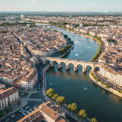 Vue d'ensemble de la ville d'Avignon avec des éléments numériques superposés