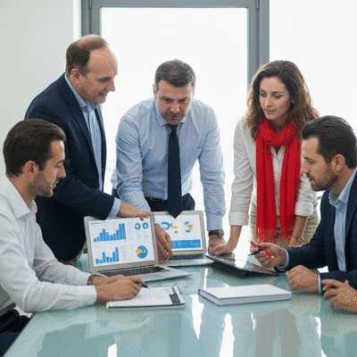 Group of business professionals collaborating around a table, looking at digital marketing reports, in a bright, modern office, no text, no words, no typography, clean image