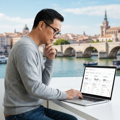 Person using a laptop to analyze SEO data on a dashboard, Avignon cityscape in the background