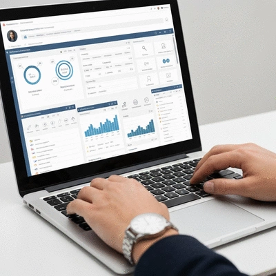 Close-up of a webmaster's hands typing on a laptop, surrounded by SEO tools and analytics dashboards, clean and professional, no text, no words, no typography, no labels, clean image