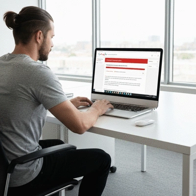Person using Google Search Console on a laptop, showing a notification for a manual action against a website, clean image, no text, no words, no typography