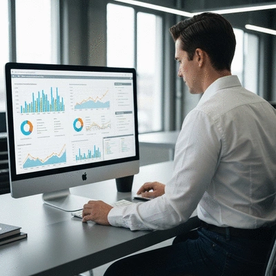 Person analyzing SEO performance on a computer screen, with charts and graphs, in a modern office setting, no text, no words, no typography, 8K