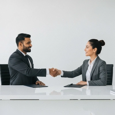 Business people shaking hands in a modern office, representing successful partnership