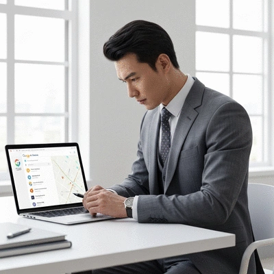 Person managing Google My Business profile on a laptop, with map and customer reviews visible, professional setting, no text, no words, no typography, clean image