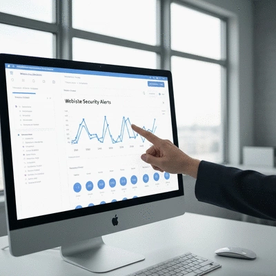 A webmaster's hand pointing at a dashboard showing website analytics and security alerts on a monitor