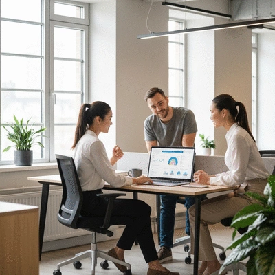 Deux personnes collaborant sur un projet numérique devant un ordinateur portable, symbolisant le partenariat
