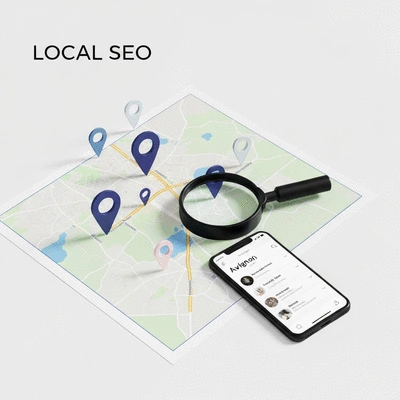 Map of Avignon with SEO pins, a magnifying glass, and a smartphone, representing local SEO optimization, no text, no words, no typography, clean image