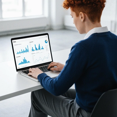 Personne travaillant sur un ordinateur portable affichant des graphiques SEO et des analyses de site web