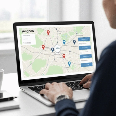 Person using a laptop with a map of Avignon on the screen, showing local SEO strategy