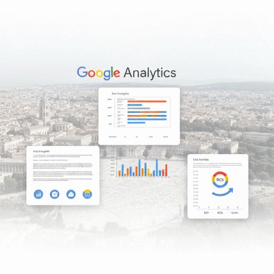 Main tenant un smartphone affichant des statistiques de Google Analytics, avec un arrière-plan flou d'une carte d'Avignon