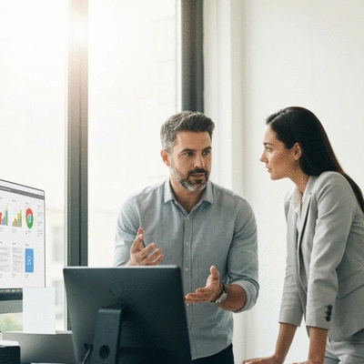 Expert SEO expliquant les stratégies de récupération de pénalités Google à un client, fond de bureau moderne
