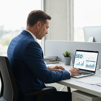 Personne travaillant sur un ordinateur portable avec des graphiques SEO affichés
