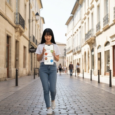 Person using a smartphone to search for local businesses in Avignon, with a map overlay