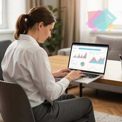 Personne travaillant sur un ordinateur portable affichant des graphiques SEO et des analyses de site web, avec des éléments de design web modernes en arrière-plan