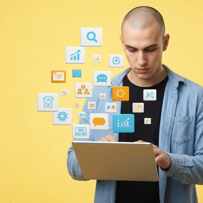 Personne utilisant une tablette avec des icônes d'optimisation SEO