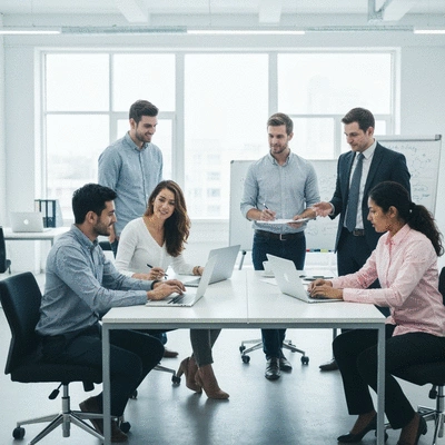 Modern web agency team collaborating on a digital marketing strategy, with laptops and whiteboards, clean image, no text, no words, no typography
