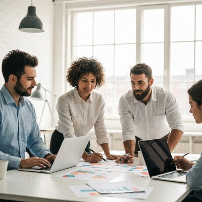 Team collaborating on a digital marketing strategy with charts and laptops