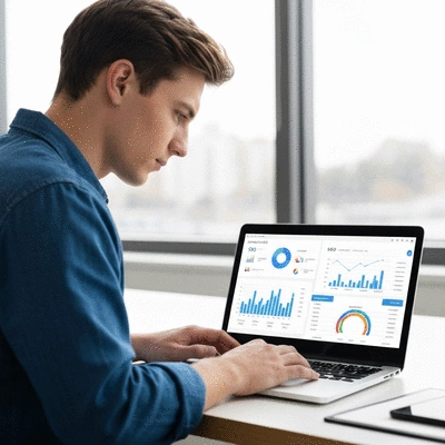 Person using a laptop to analyze SEO data, with charts and graphs on screen, clean and modern office setting, no text, no words, no typography, no labels, clean image