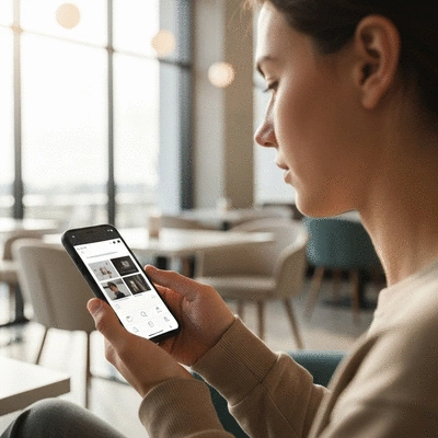 Person using social media on a smartphone in a cafe
