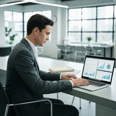 Personne travaillant sur un ordinateur portable avec des graphiques SEO affichés à l'écran, ambiance professionnelle et moderne.