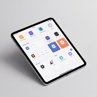 Various SEO tools icons displayed on a tablet screen, clean background, no text, no words, no typography, no labels, clean image