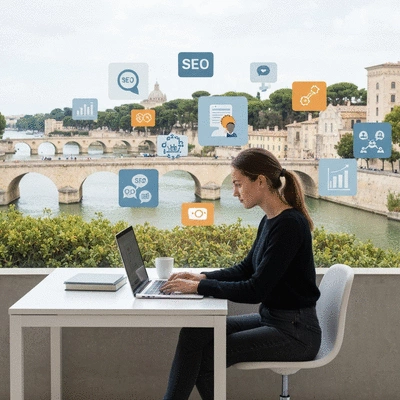 Person using a laptop with various digital marketing icons floating around, representing SEO, content marketing, and social media, set in a modern office with Avignon landmarks in the background, no text, no words, no typography, 8K, clean image