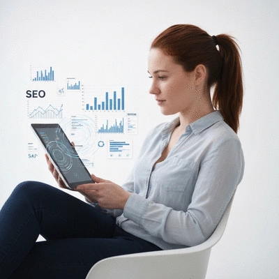 Personne utilisant une tablette avec des graphiques SEO et des métriques flottant autour