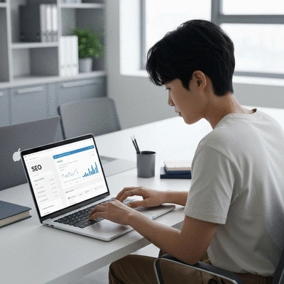 Webmaster working on a laptop with SEO metrics on screen, representing technical and creative skills, no text, no words, no typography, clean image
