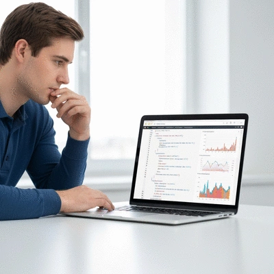 Webmaster working on website optimization on a laptop, with code and analytics graphs on screen, clean image, no text, no words, no typography