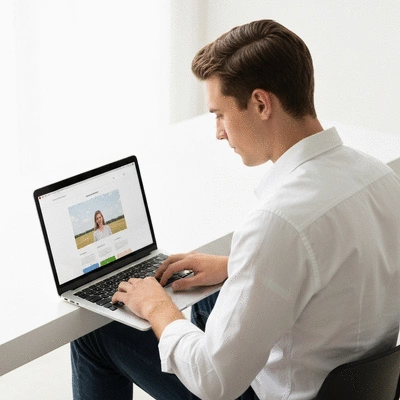 Person using a laptop with a fast loading website on the screen, showing a positive user experience, clean image, no text