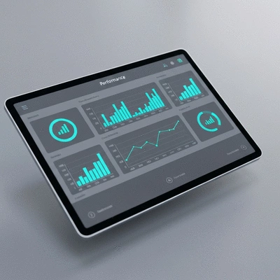 Tableau de bord numérique affichant des graphiques de performance avec des icônes de données