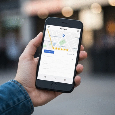 Person using a smartphone to leave a review for a local business, with a map and star ratings visible.